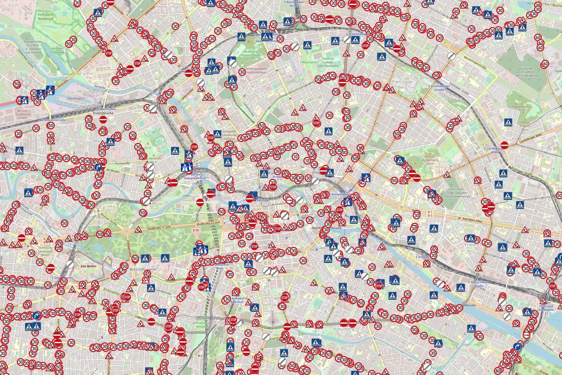 A map of Berlin's city center on which all traffic signs are marked