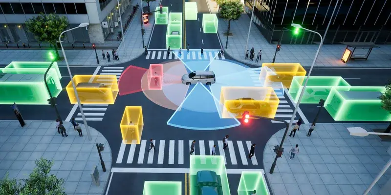 A generated photo depicting a traffic junction. All road users are marked in different colors. 