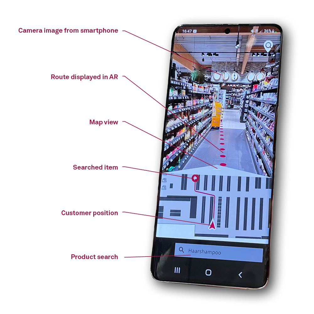 Smartphone displaying an augmented reality (AR) indoor navigation app in a supermarket, guiding the user to a searched product with a route overlay.