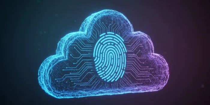 Cloud Data Security Abstract - Cybersecurity concept, data protection, cloud computing, fingerprint, network security. Symbolizing safety, privacy, and access control in the cloud